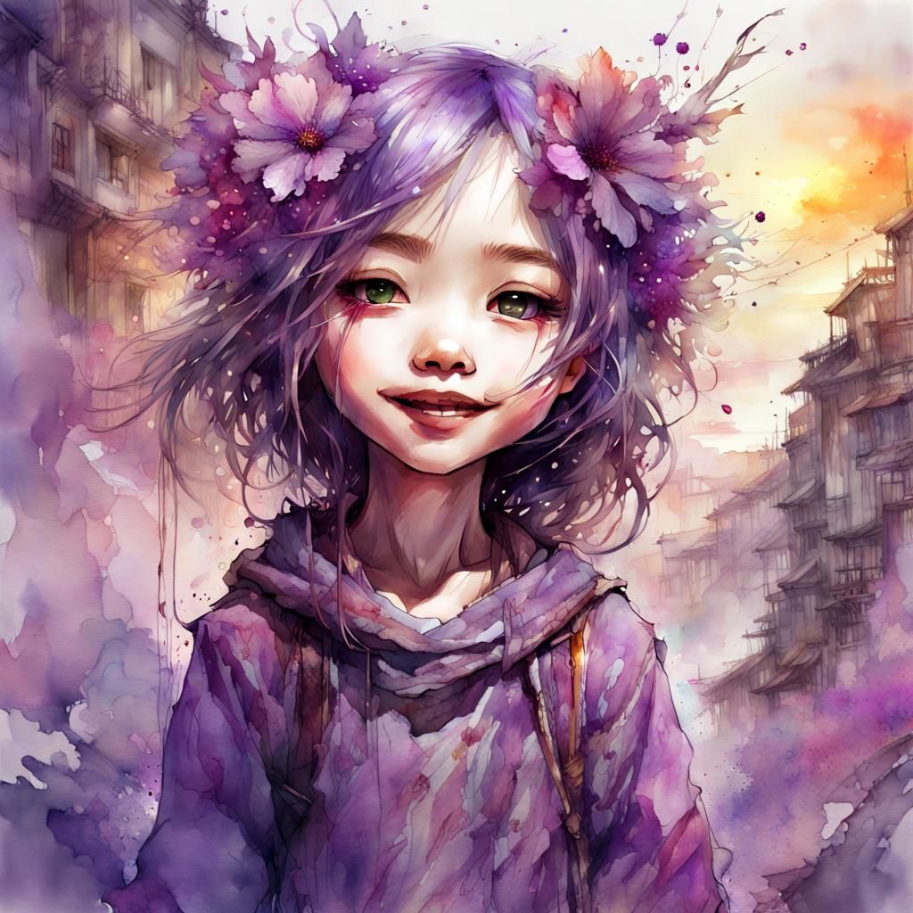 Anthropomorphic Plum in Watercolor Fantasy Sunset