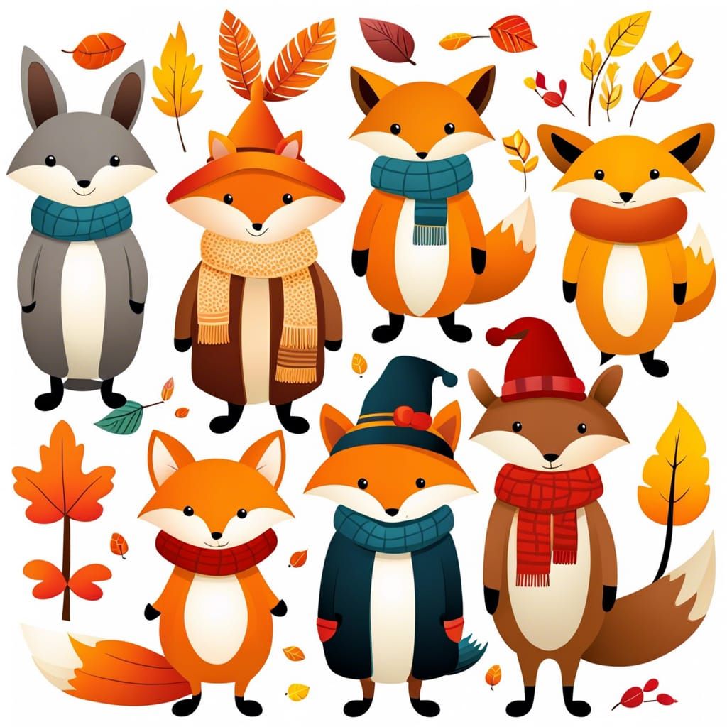 Woodland Animals in Fall Attire: Cute 2D Vector Art