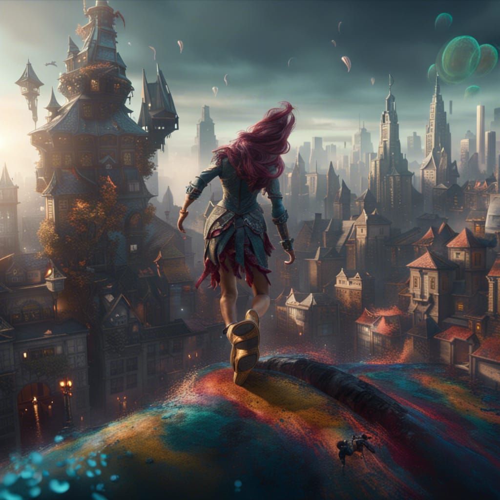 Living Slipper Stomps City: Detailed Matte Painting