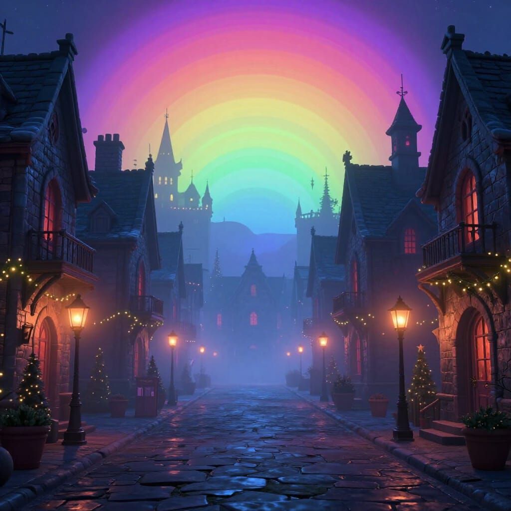 Gothic Christmas Village at Night in Cinematic Style