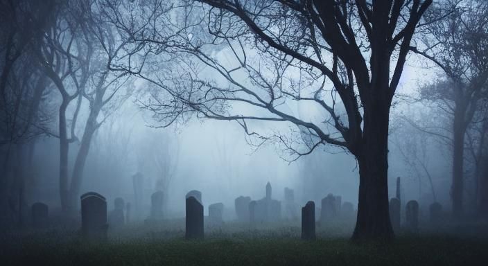 Mysterious Night Cemetery with Gothic Elements in Dark Fanta...
