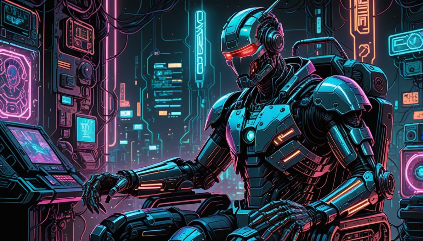 Cyberpunk Cyborg Comic Book Art in Neon Style