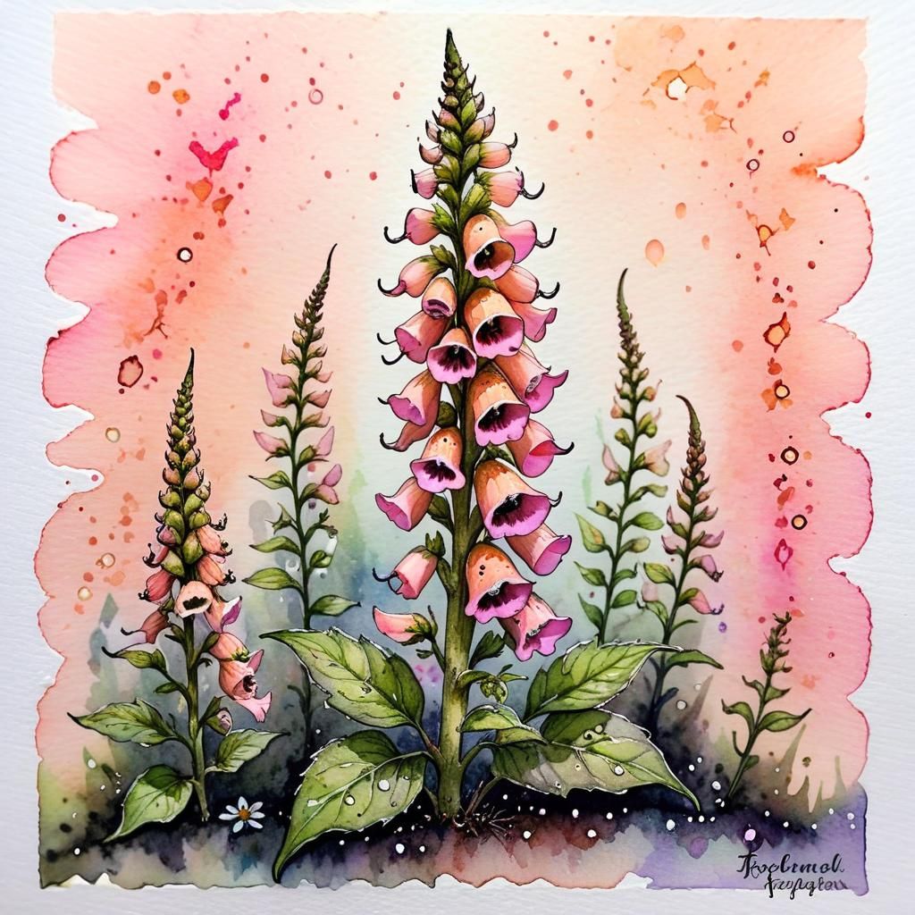 Enchanted Faeries with Peach Foxglove Ink Watercolour
