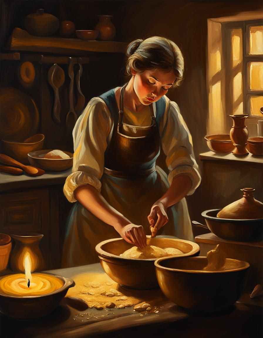 Baroque Woman Kneading Dough in Candlelight