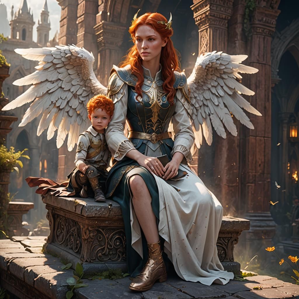 Redhead Angel with Boy: Detailed Matte Painting