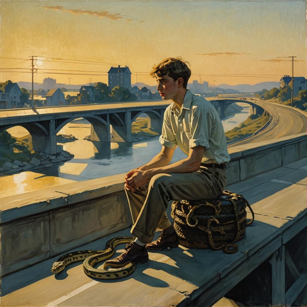 Boy and Snake on Bridge, in Hopper Style
