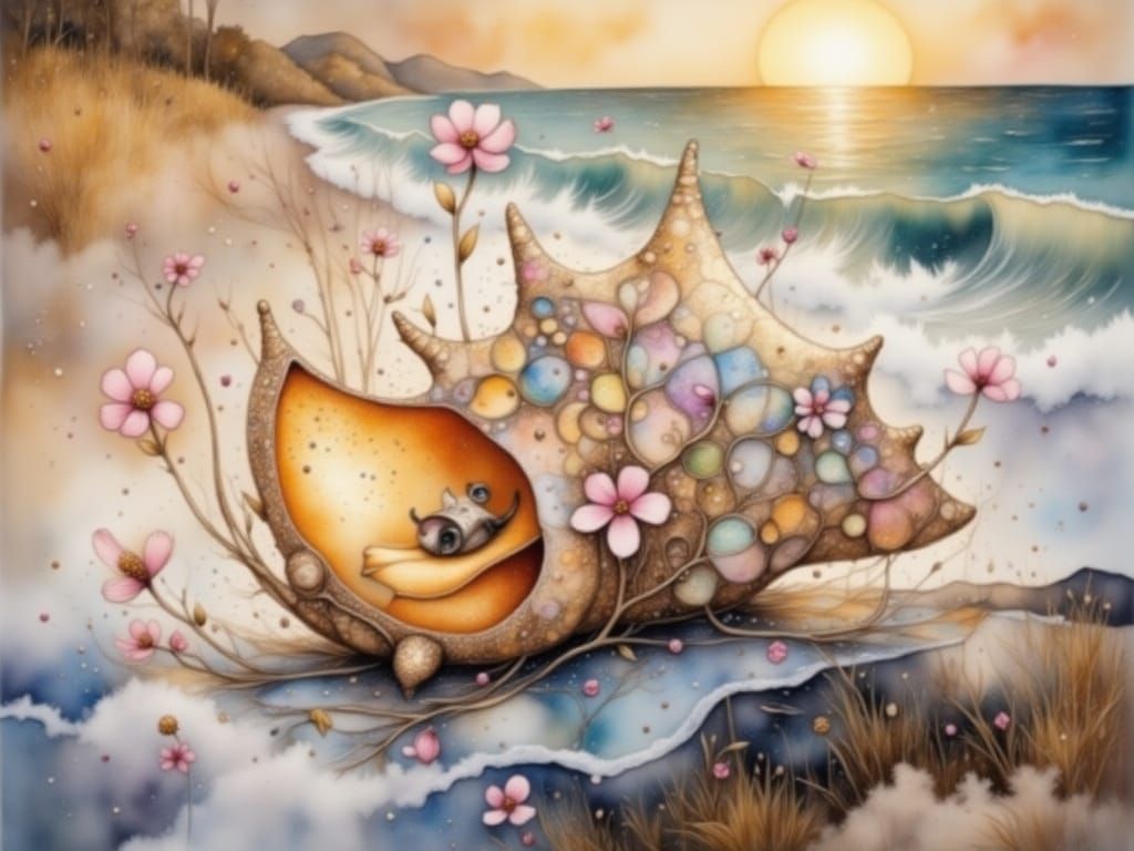 Ethereal Conch Shell in Dreamlike Fantasy Landscape