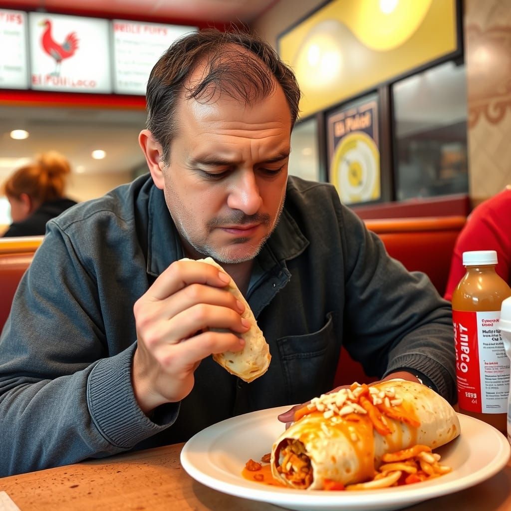 Man Eating Burrito at El Pollo Loco in Los Angeles