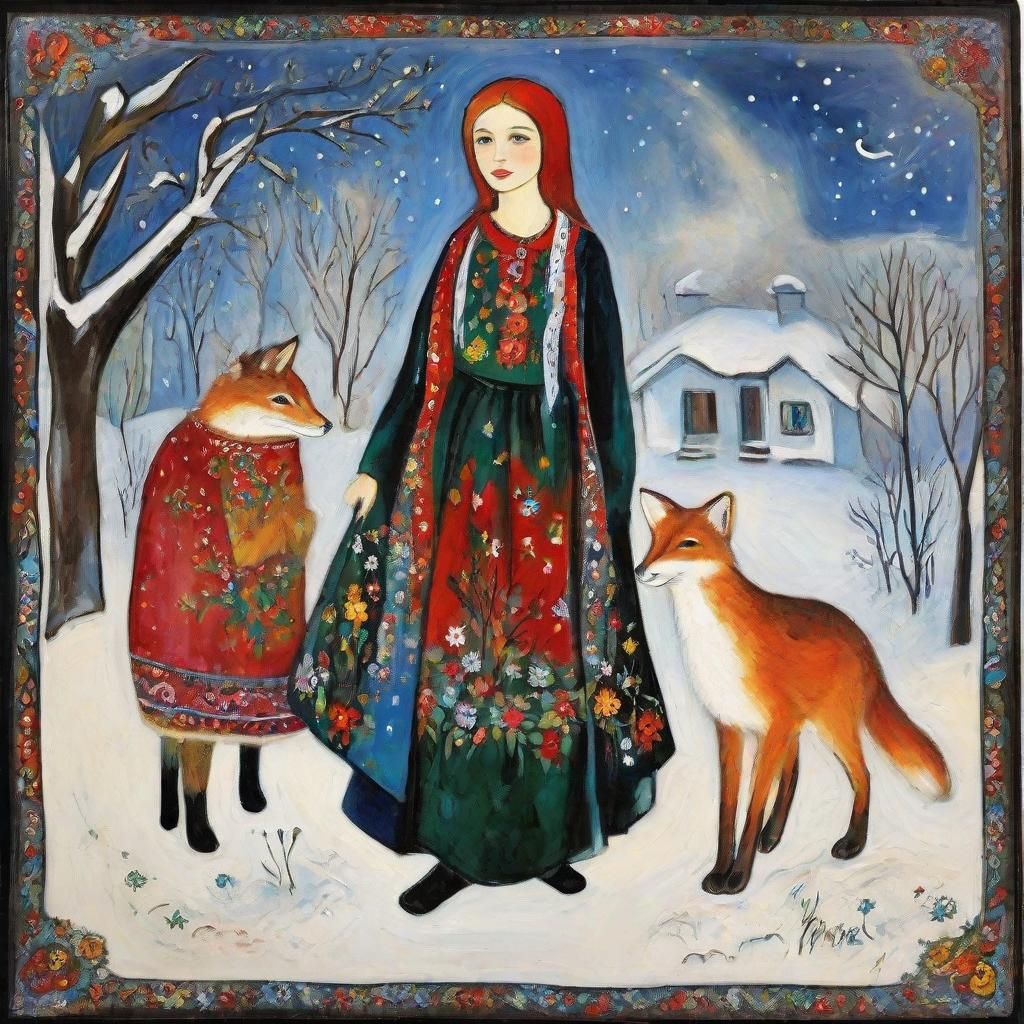 Girl with Fox in Winter Fairytale Scene