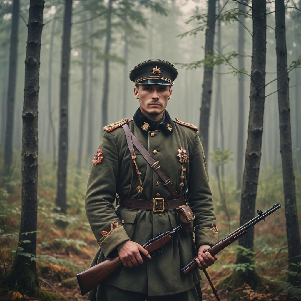 Imperial Russian Soldier Portrait in Misty Forest