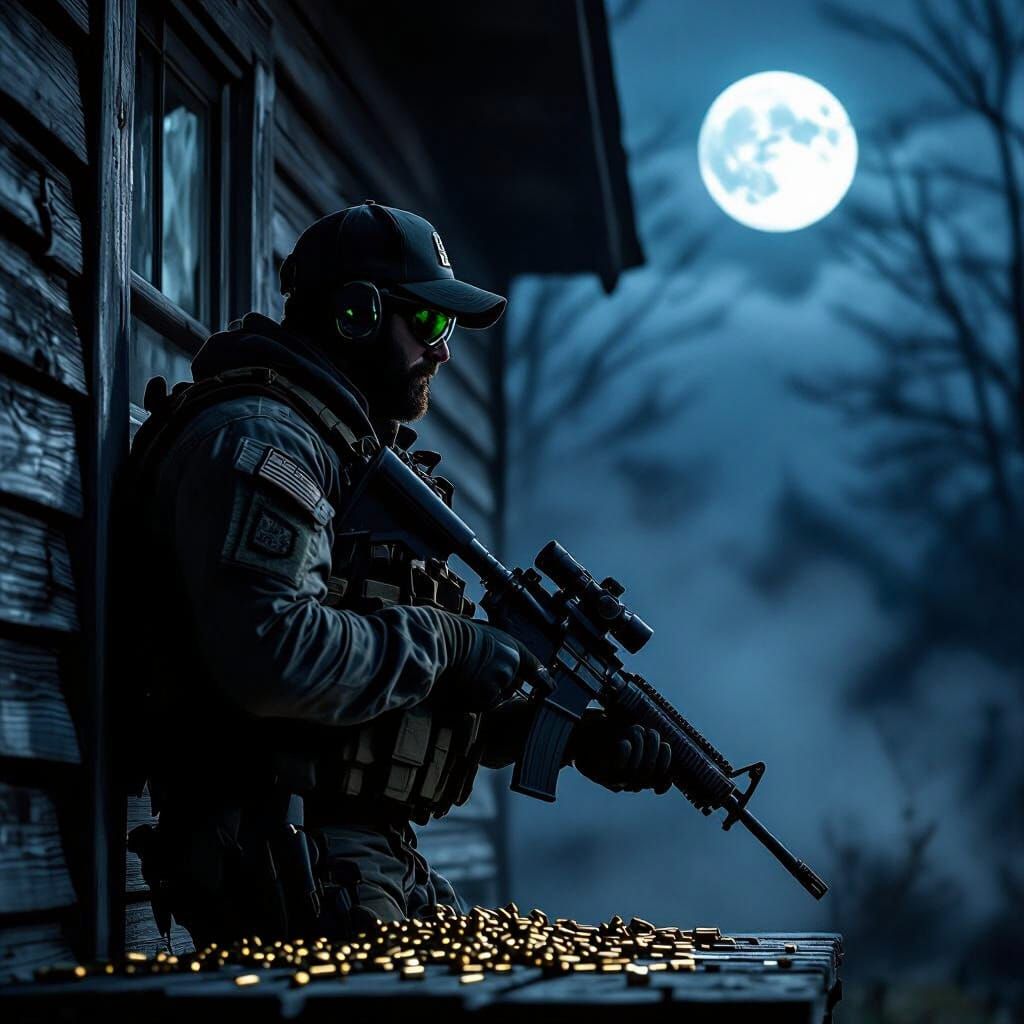 Tactical Operator by Cabin in Dramatic Moonlight