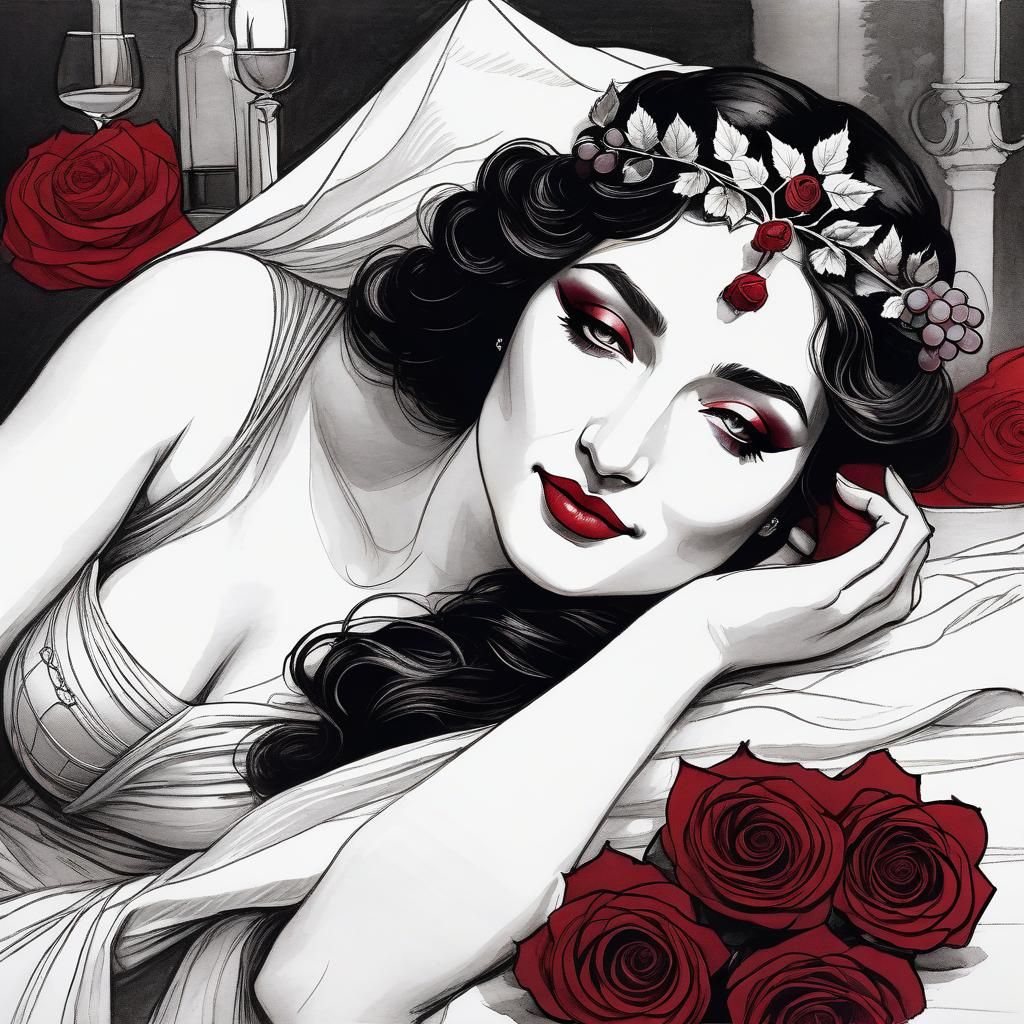 Dionysus in Medieval Sketch with Roses