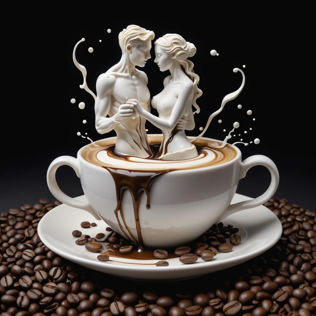 Couple Emerges from Coffee in Dreamlike Hyperrealism