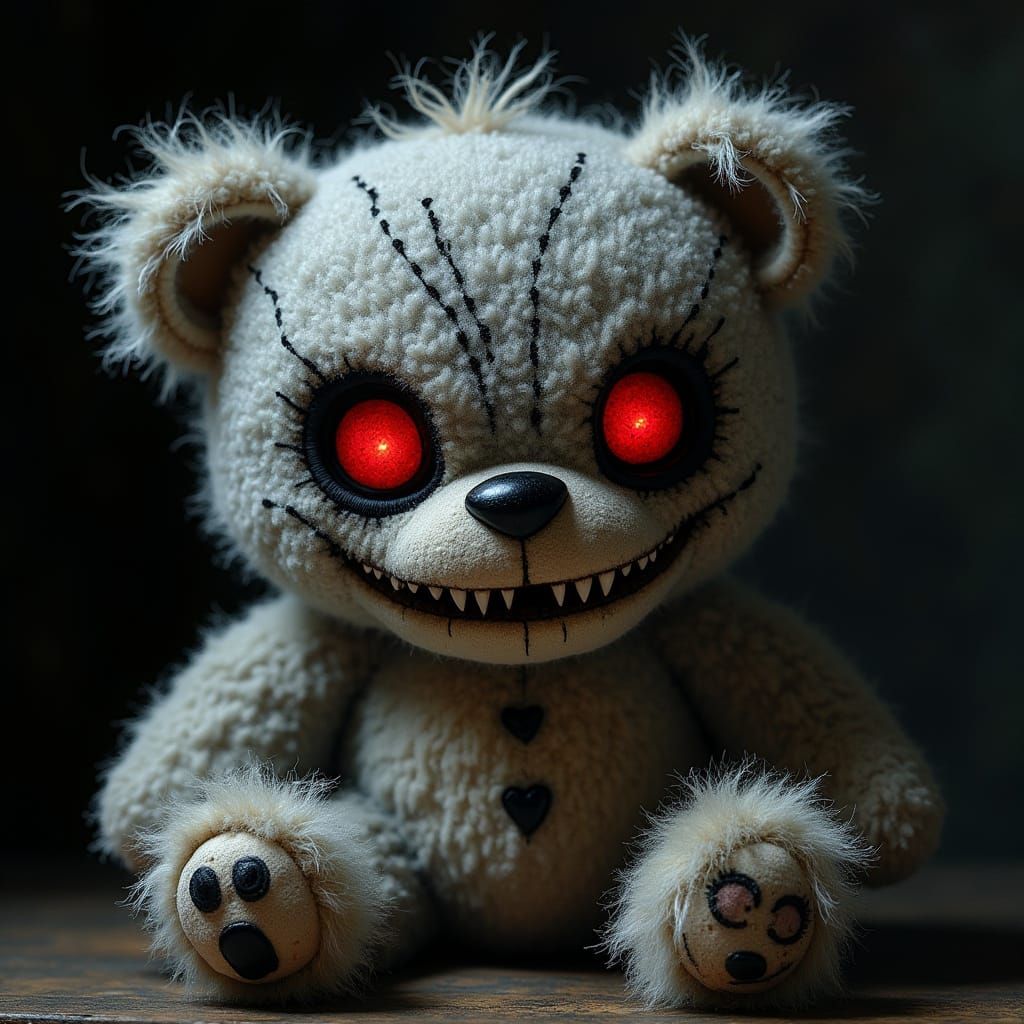 Menacing Gray Teddy Bear with Glowing Red Eyes