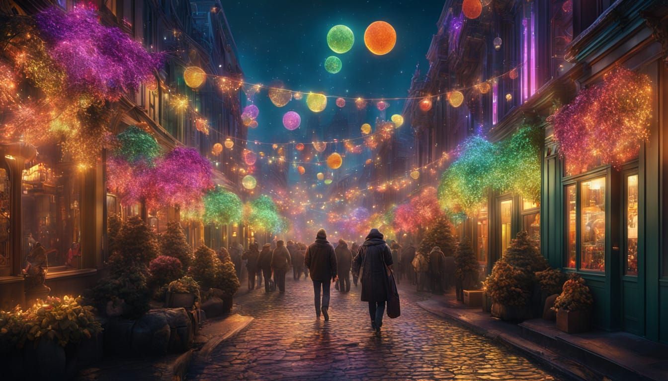 Dreamlike Christmas Eve Night Scene with Rainbow Lights and...