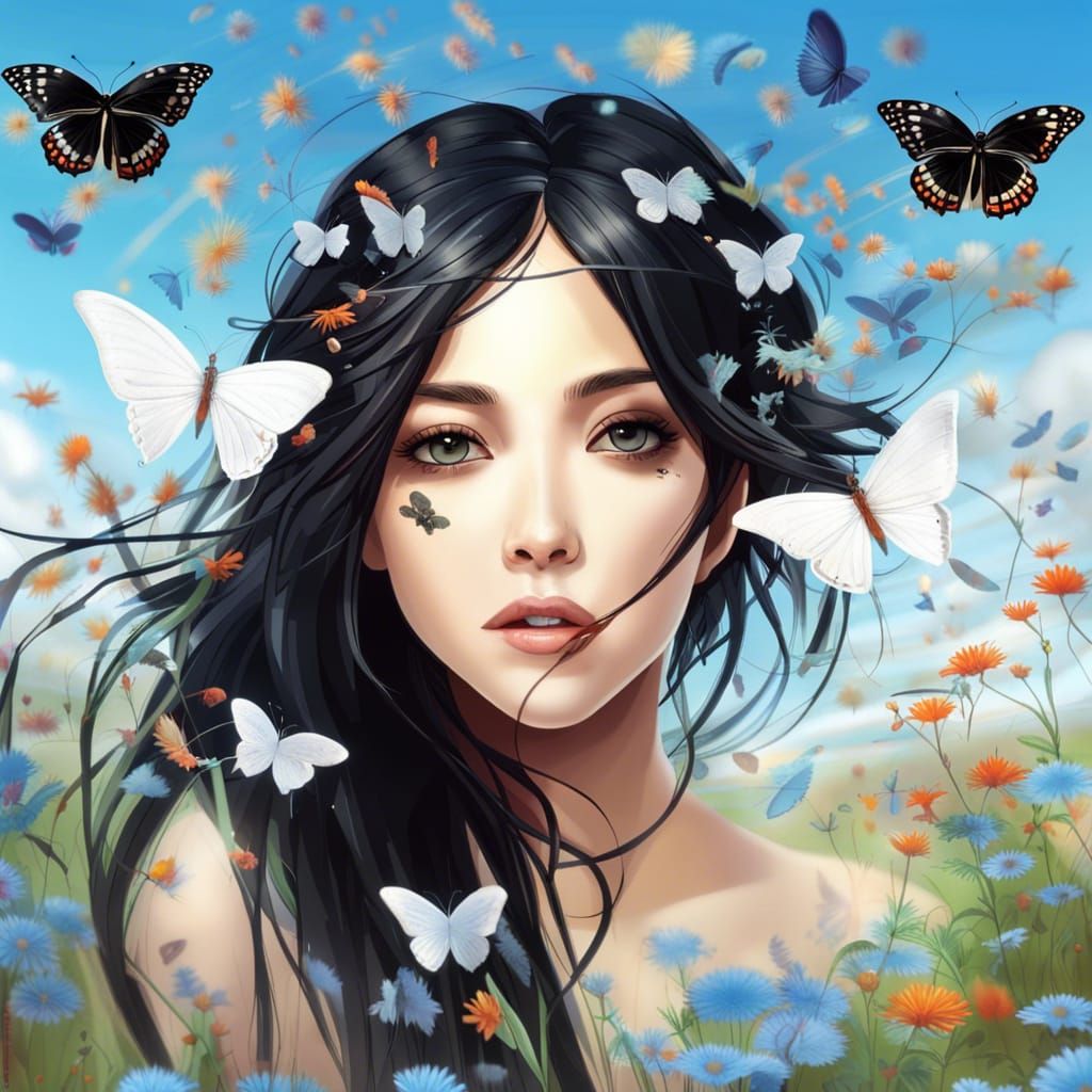 Futuristic Woman with Butterflies and Clouds
