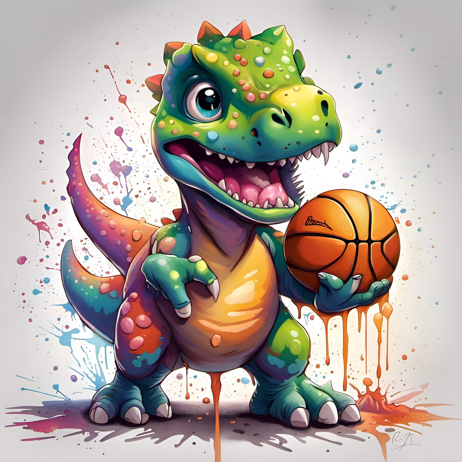 A cute baby dinosaur playing basketball white background