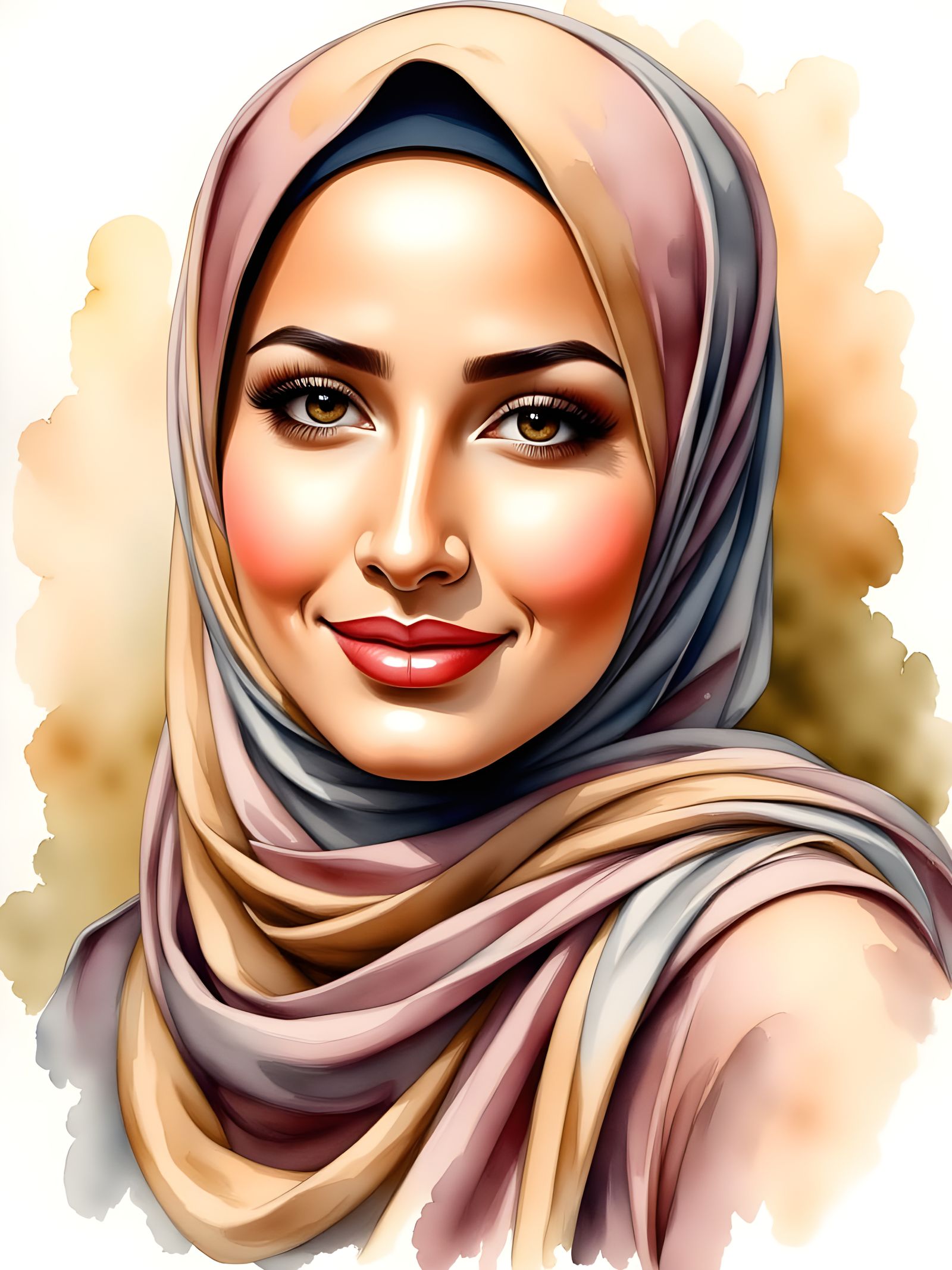Elegant Hijabi Portrait in Watercolor and Oil