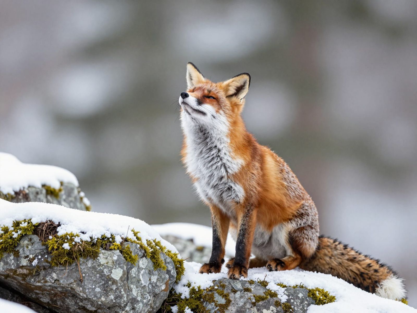 Red Fox in Snow on Mossy Rocks