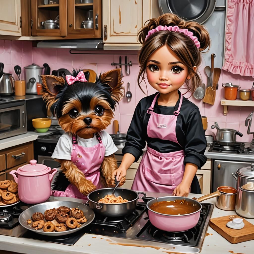 Chibi Bratz Doll in Kitchen, Airbrush Alcohol Ink Painting