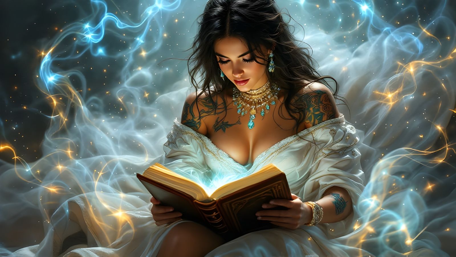 Voluptuous Woman Reading Sacred Tome in Ethereal Haze