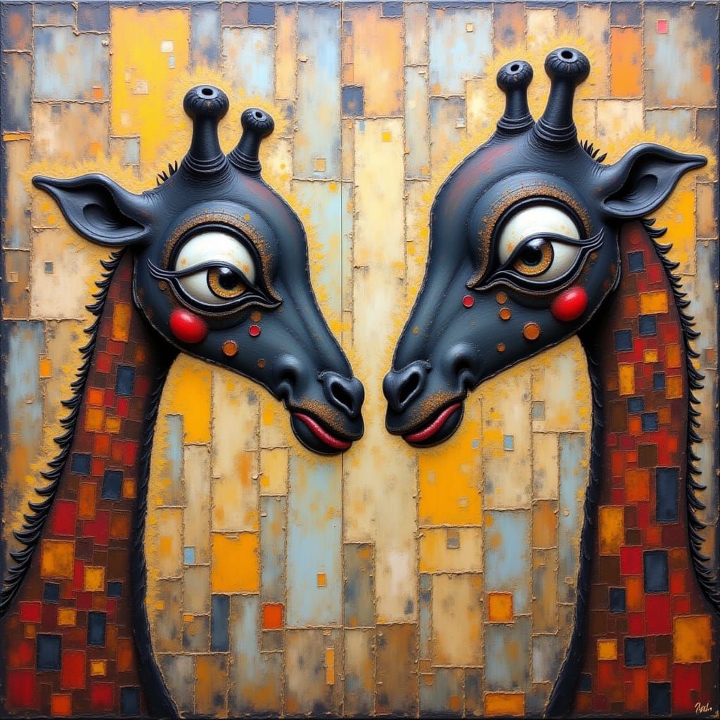 Two Giraffes Face Off in Strange Collage Style