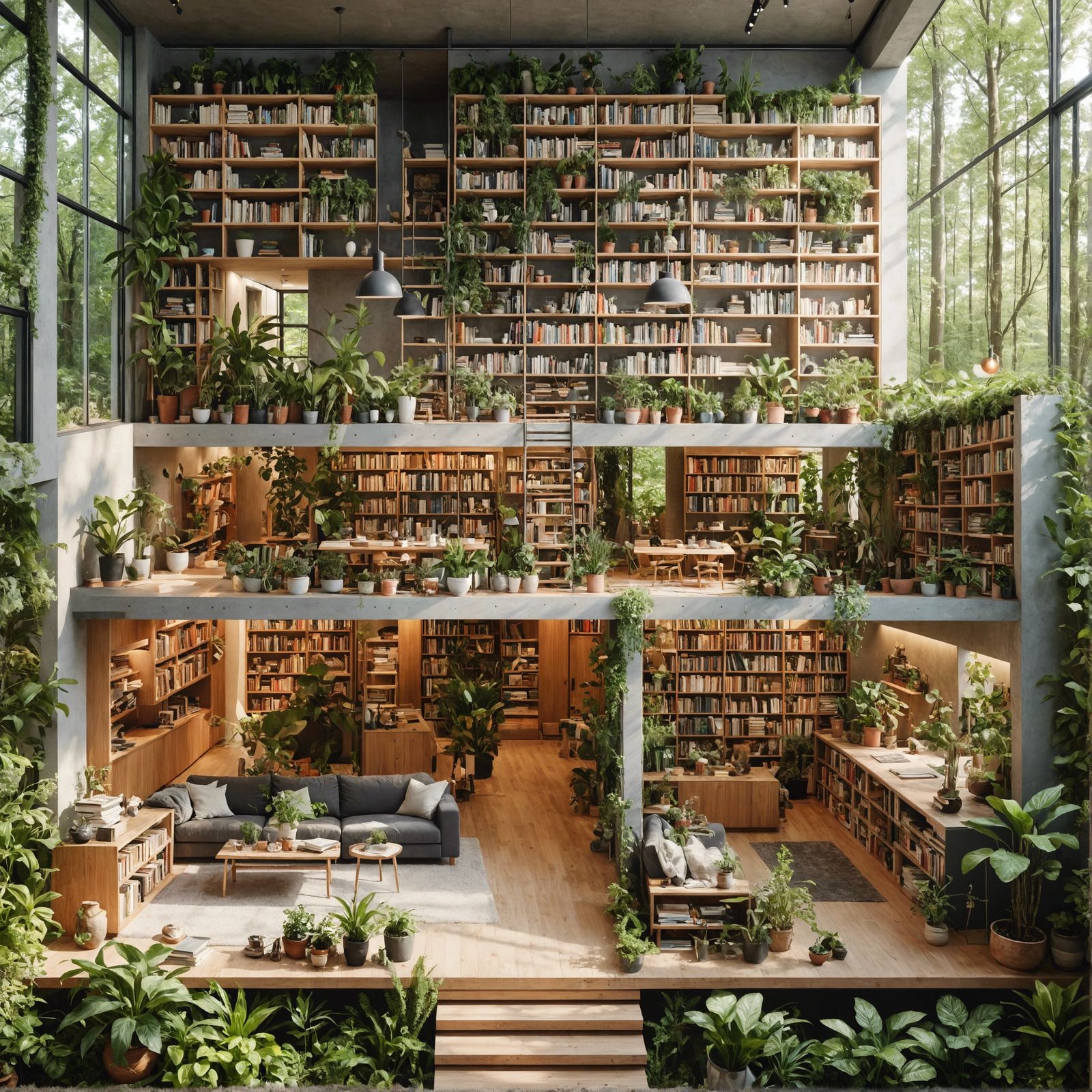 Modern Forest House Interior with Books and Plants