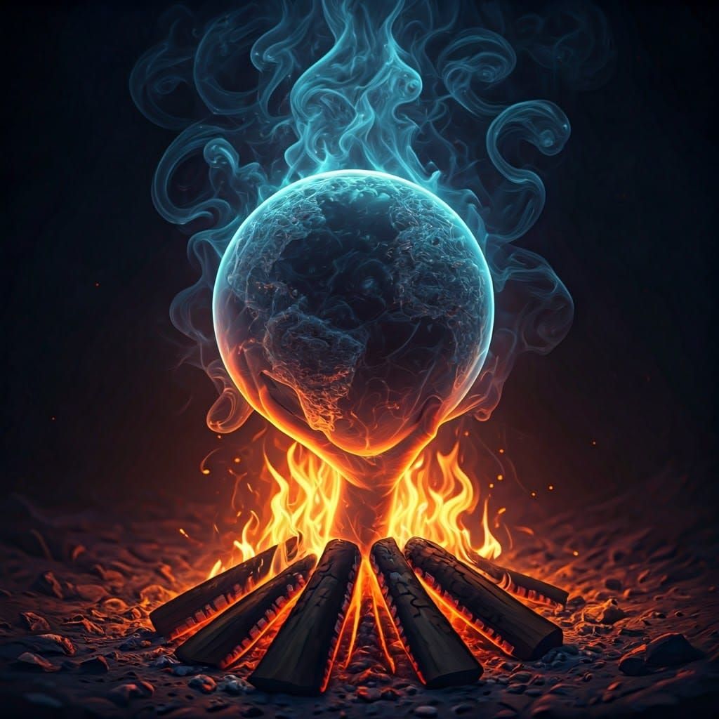 Ethereal Hand Holds Earth Made of Smoke and Fire