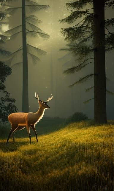 Misty Forest Landscape with Glowing-Eyed Deer