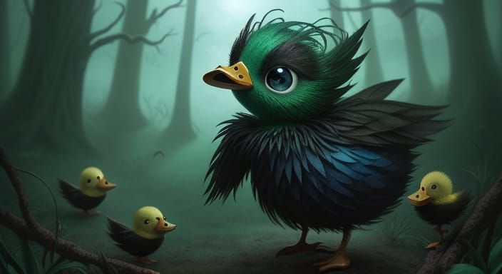 Gothic-Punk Duckling with Chibi Eyes in Fairytale Scene