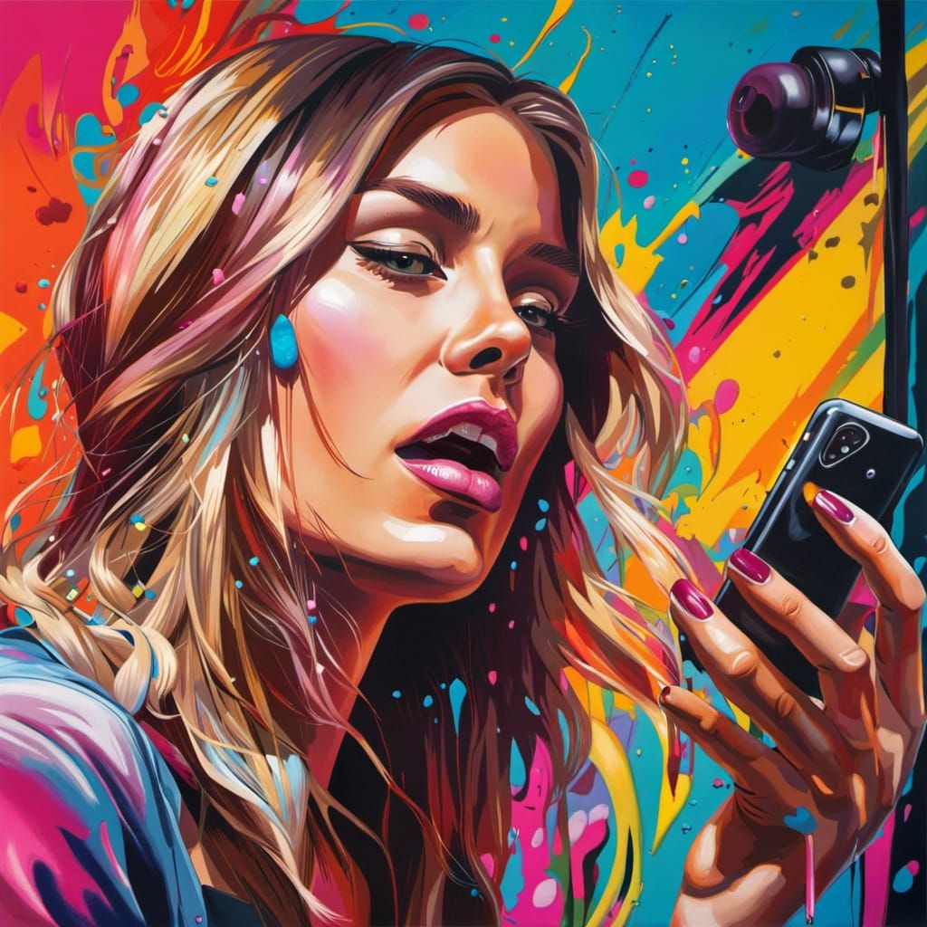 Woman's Face Absorbed by Phone in Graffiti Art