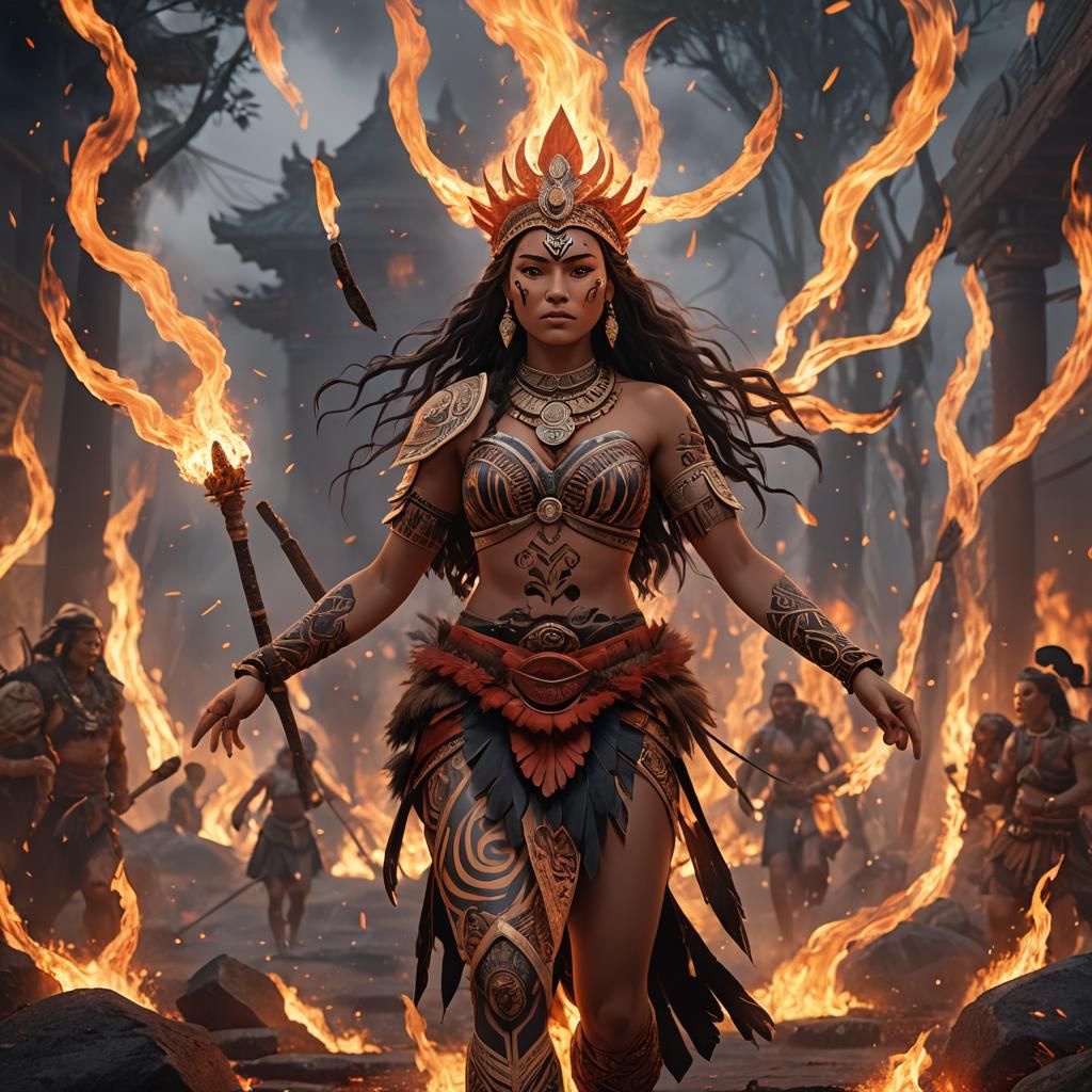 Maori Goddess Walks Through Fire in 3D Anime Art