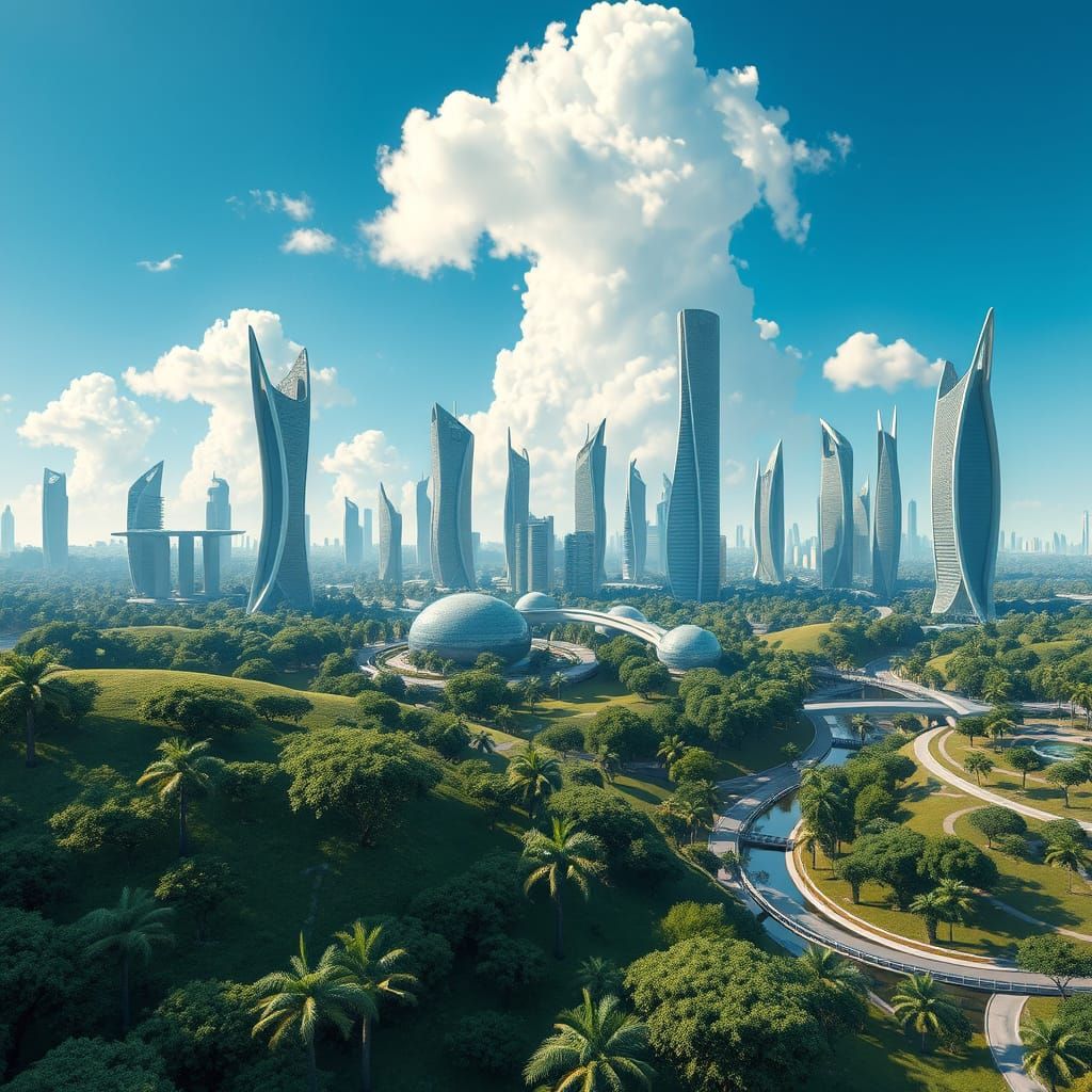 Serenity in a Futuristic Paradise with Towering Trees and Cu...