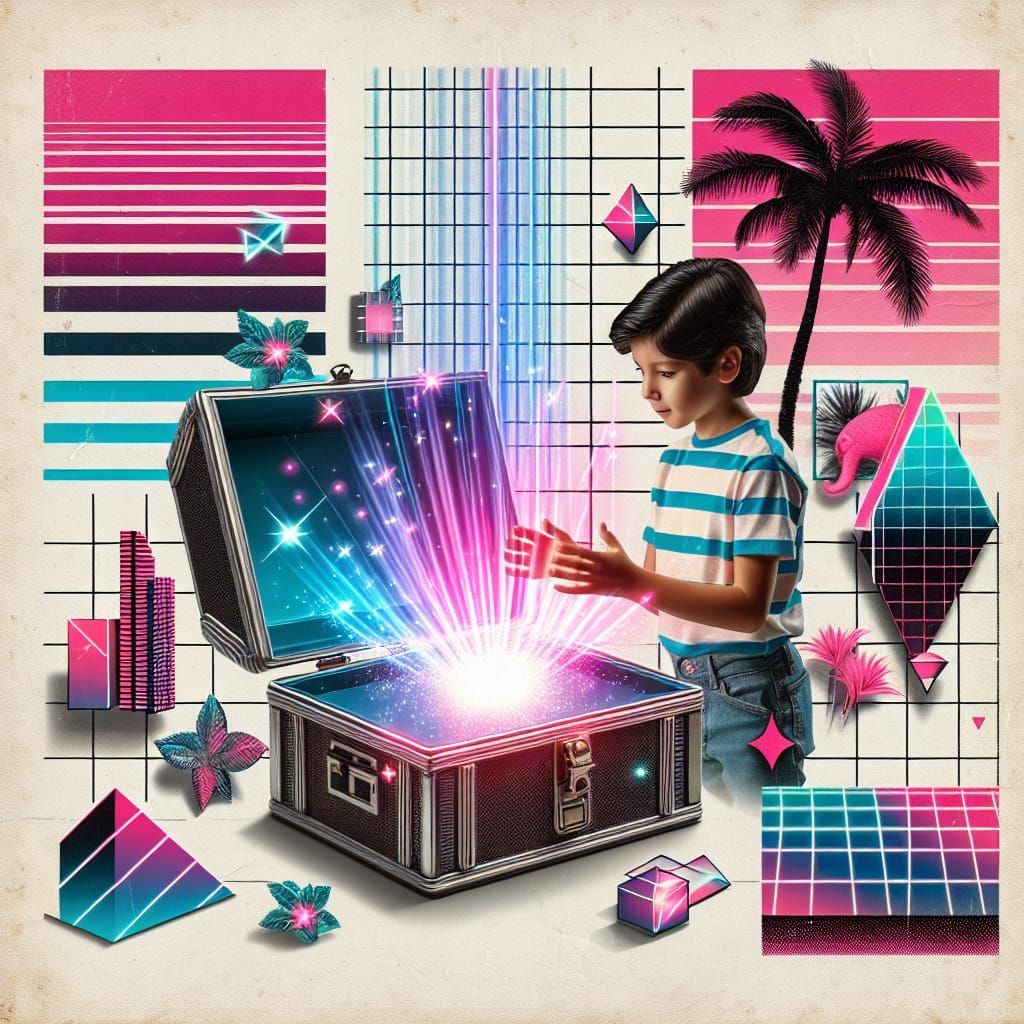Boy and Magical Light Box in Synthwave Collage