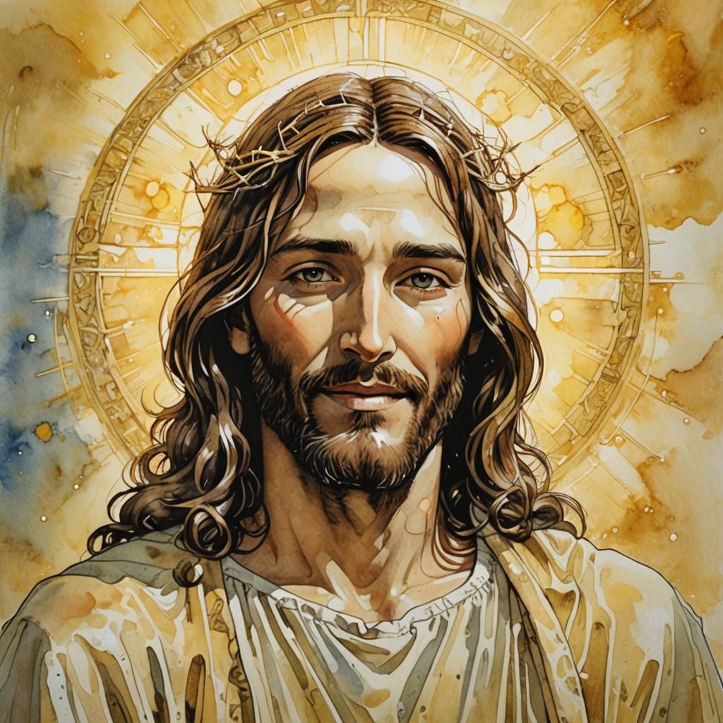 Jesus Christ Resurrected in Vibrant Watercolor with Halo and...