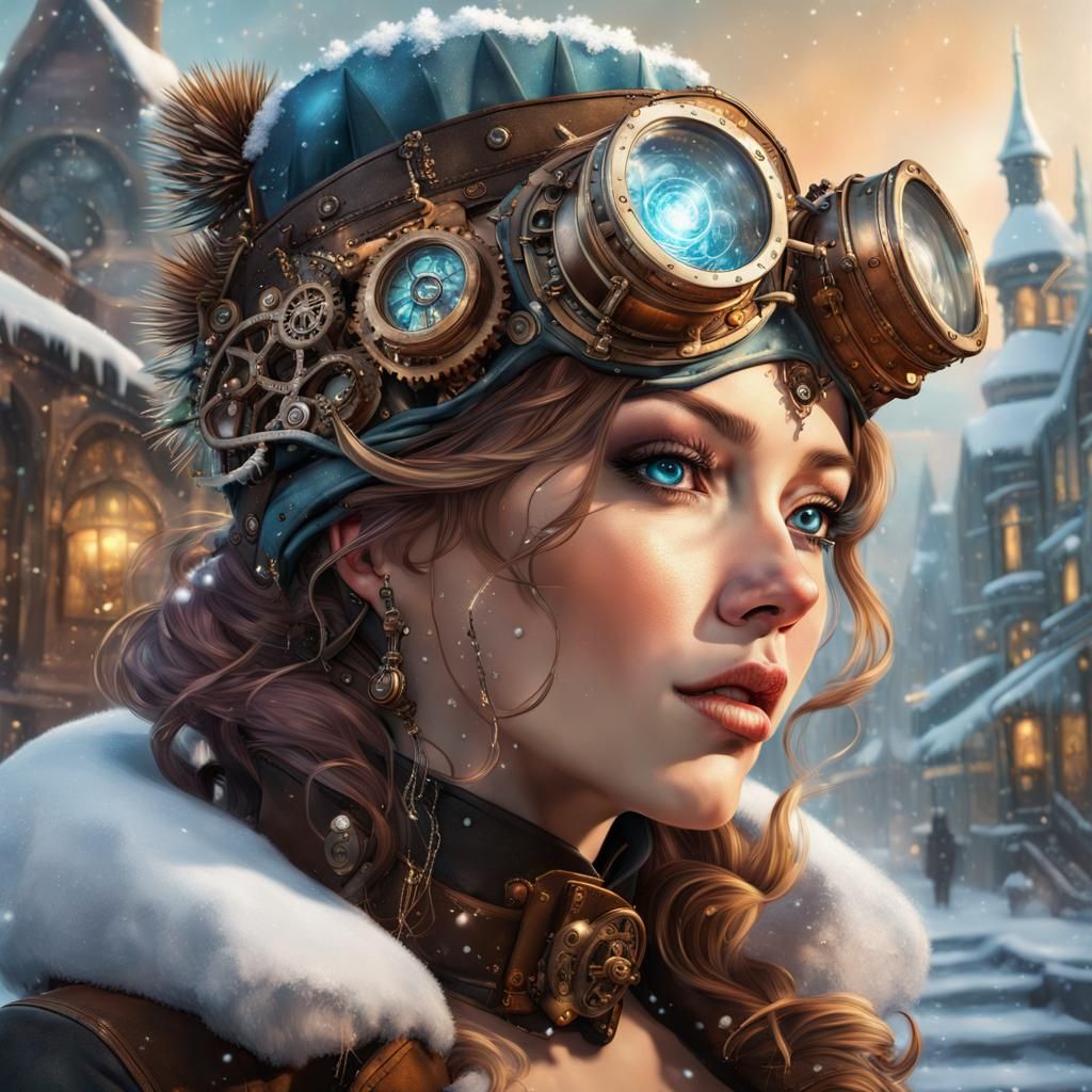 Steampunk Winter Wonderland in Hyperrealistic Splash Art
