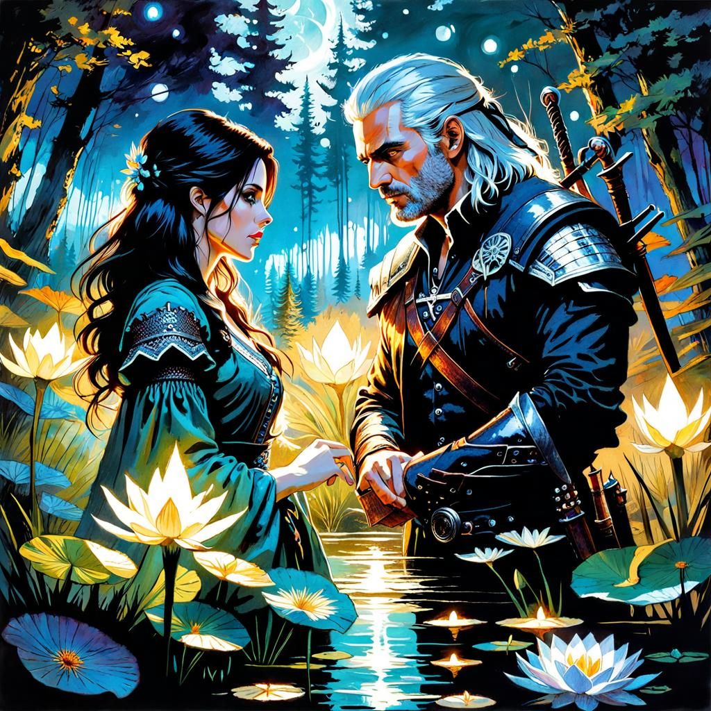 Bioluminescent Yennefer and Geralt in Dark Fantasy Style