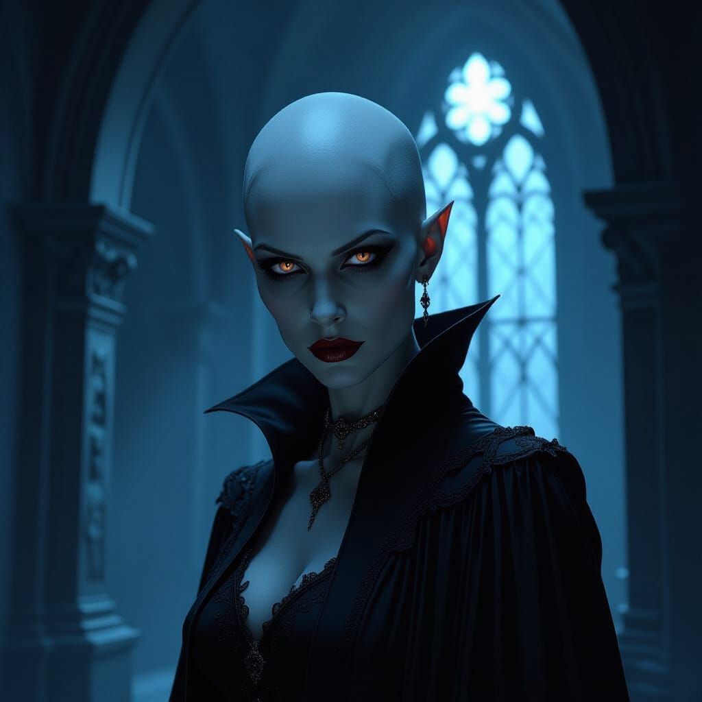 Gothic Vampire Enters Dark Chamber in Chiaroscuro