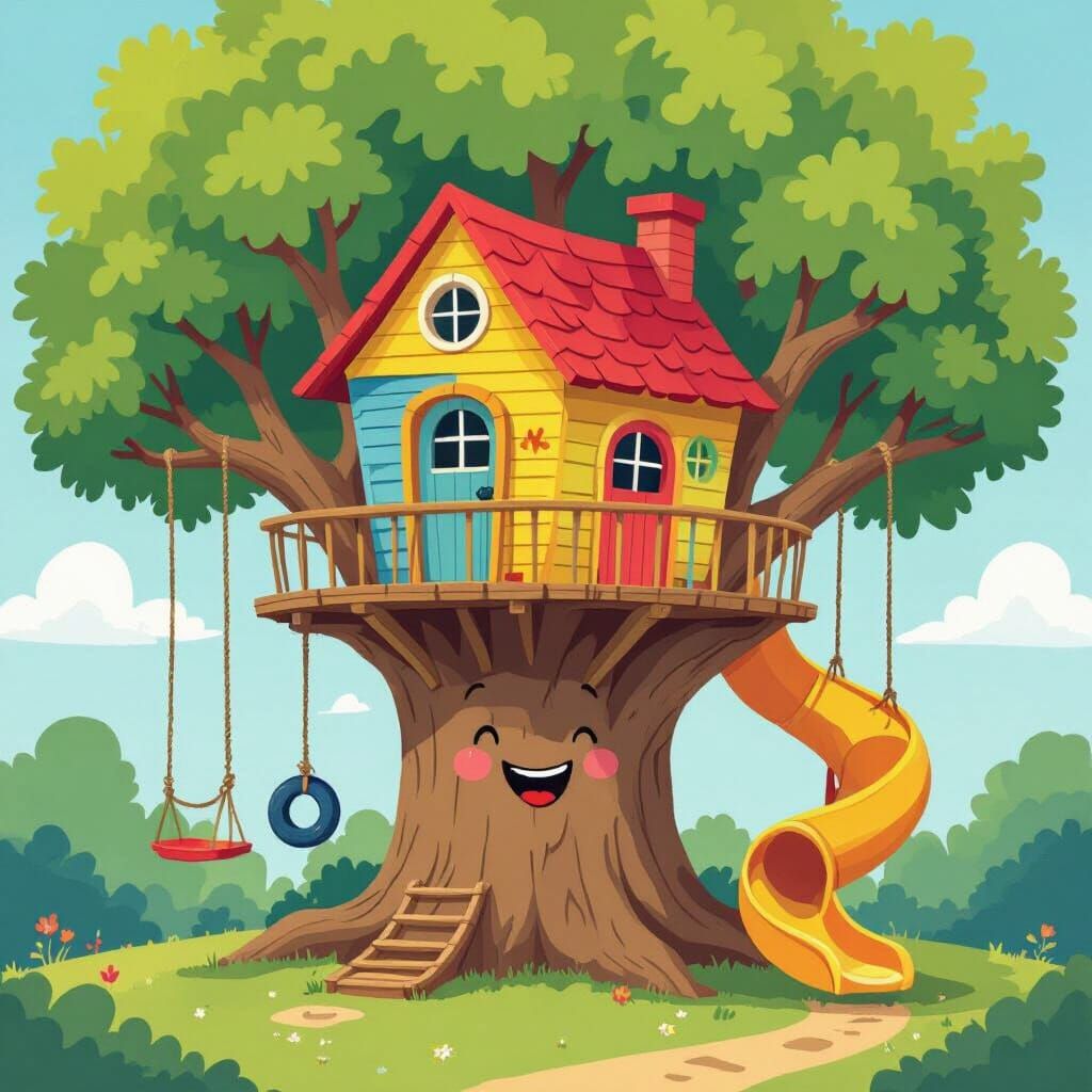 Cartoon Treehouse in a Smiling Oak, Illustrated Style