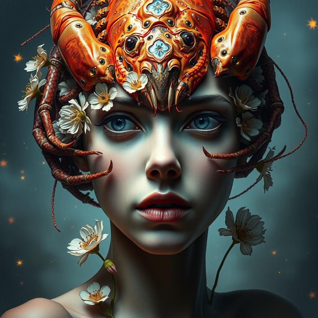 Surreal Portrait: Face Morphing with Lobster, Cosmic Art