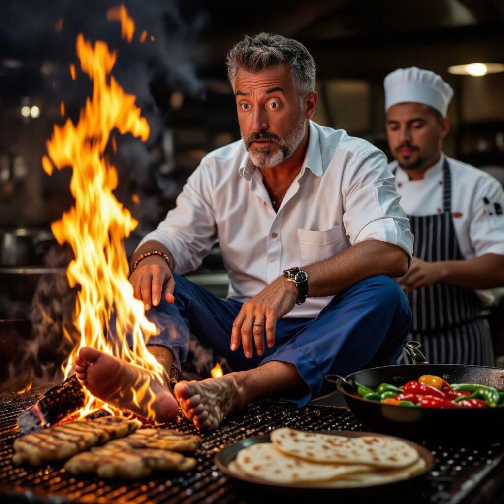 Man Seated on Sizzling Grill with Flames