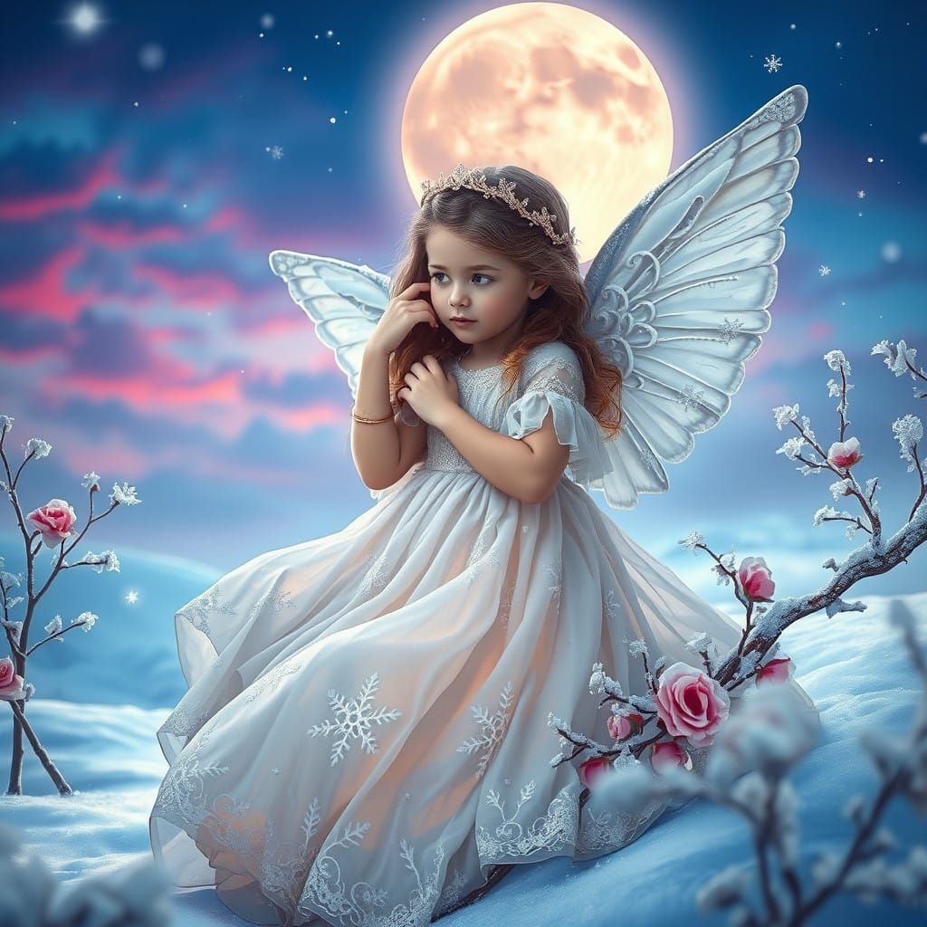 Dreamlike Angelic Girl in Enchanted Snowy Realm