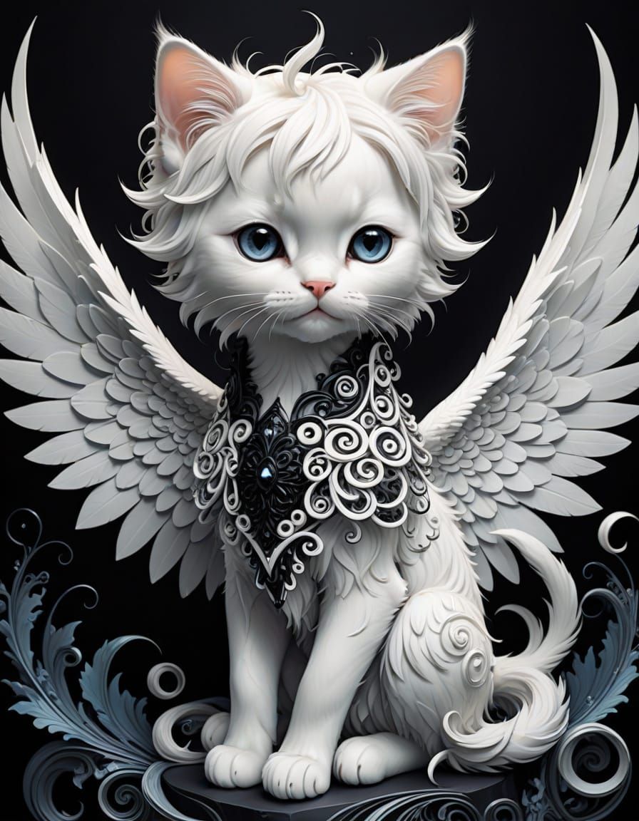 Angelic Kitten with Zentangle Fractal Background