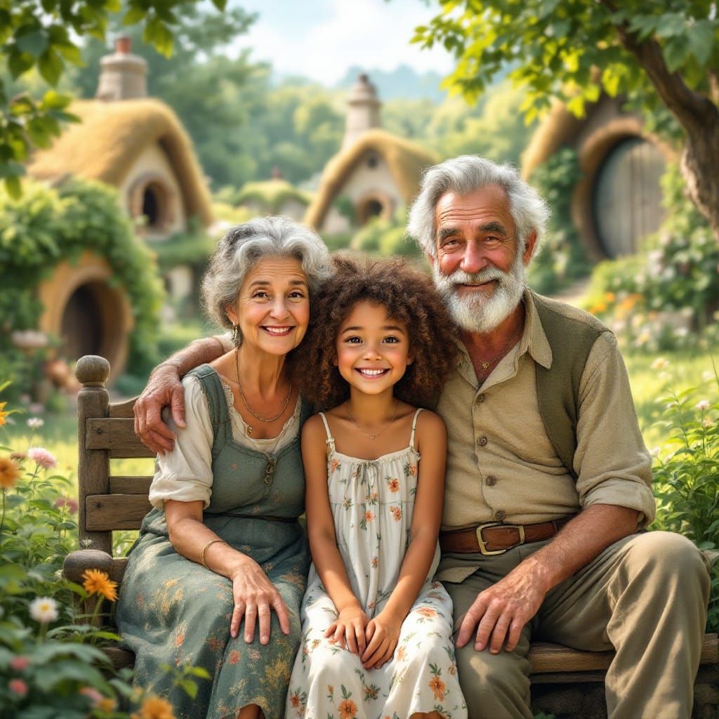 Girl with Grandparents in Hobbit Village, Fantasy Illustrati...