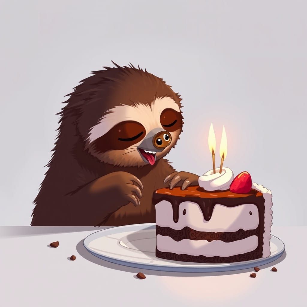 Anime Sloth Savoring Decadent Chocolate Cake