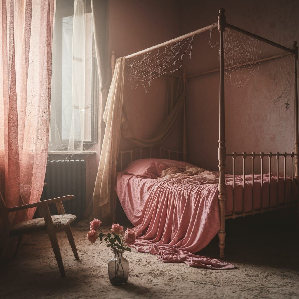 Dusty Pink Abandoned Room in Cinematic Lighting