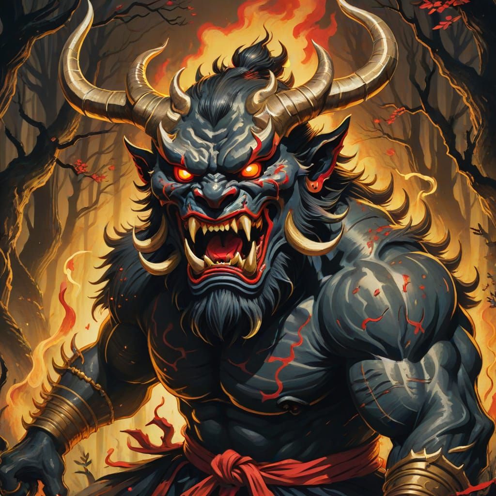 Powerful Oni Roaring in Dark Forest Gouache Painting