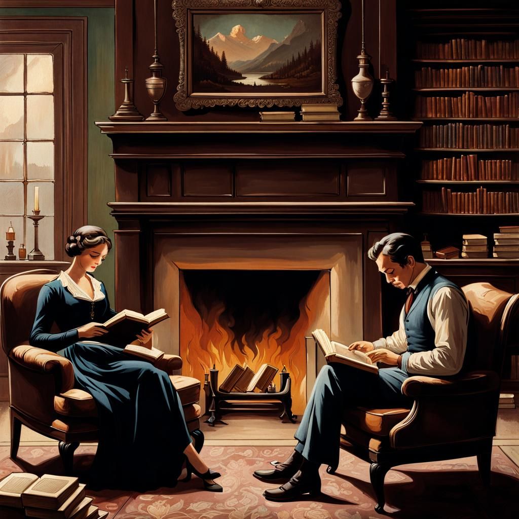 Cozy Couple Reading by Fireplace: Nostalgic Painting