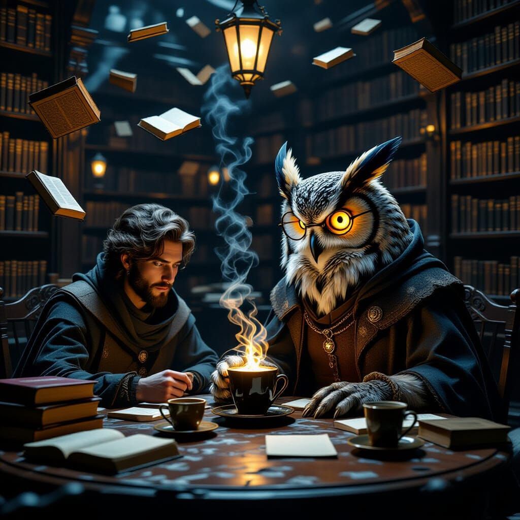 Traveler in Ancient Library Cafe with Floating Books