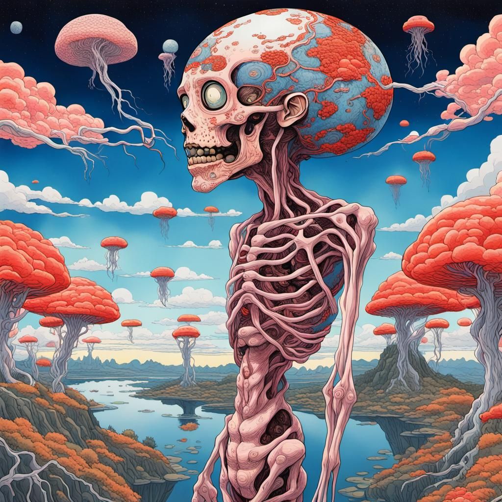 Grotesque Figure in Surreal Landscape, Shintaro Kago Style